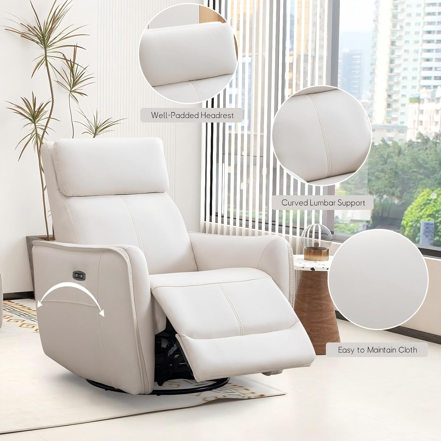 Bonzy Home Power Swivel Rocker Recliner Chair with USB Port, Wide Seat, Head & Lumbar Support, Upholstered Glider Chair for Living Room, Nursery, Bedroom, Cream White