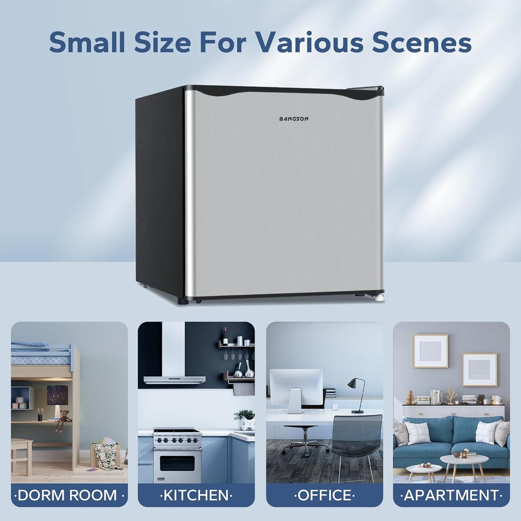 BANGSON 1.6 Cu.Ft Mini Fridge with Freezer for Dorm, Compact Refrigerator Office, Energy Saving Small Fridge Reversible Single Door, Low Noise for Bedroom Small Apartment, Silver