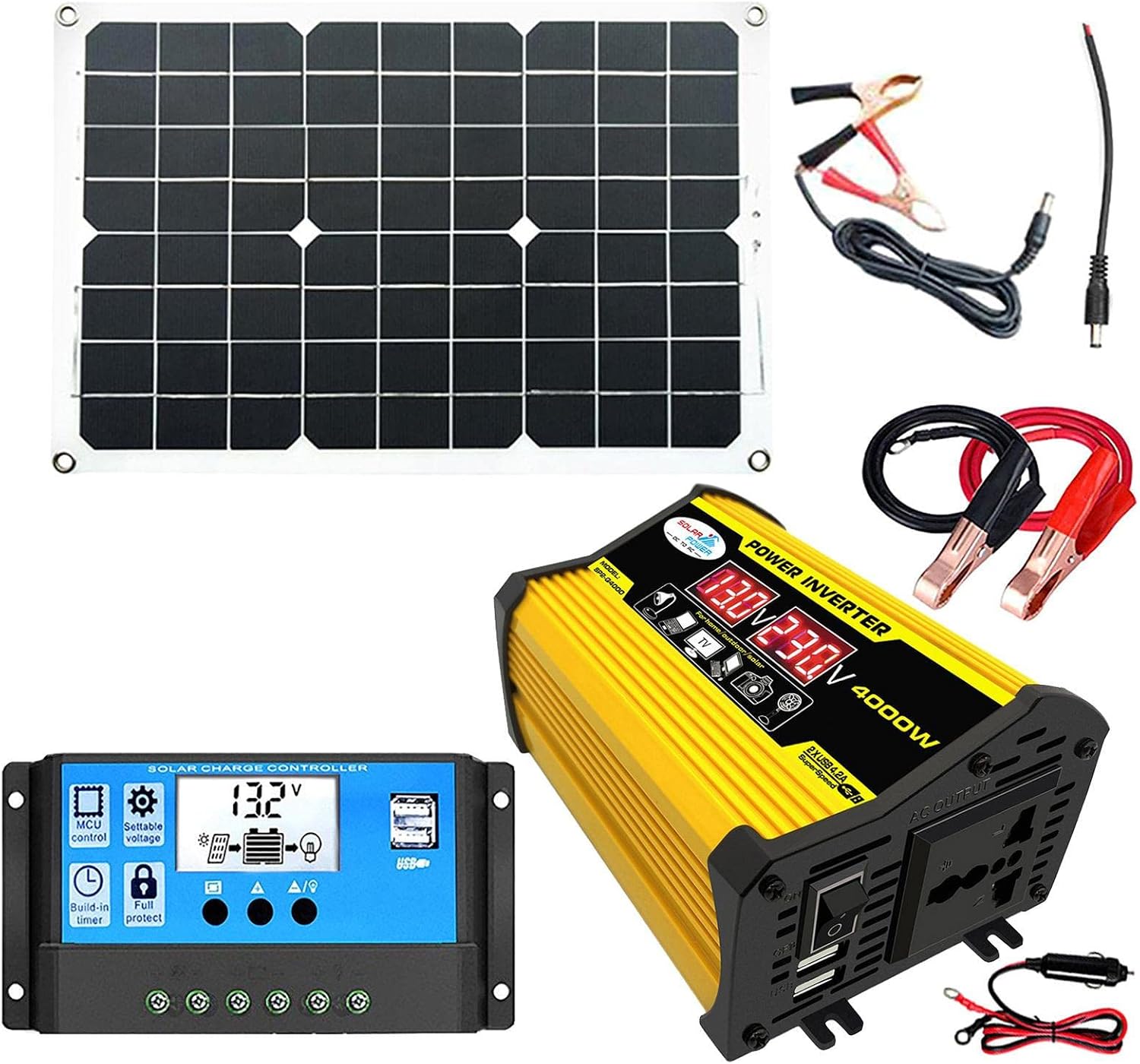 Solar System, Portable Solar Panel Kit, 4000W Inverter with 2 USB Ports, 30A Solar Charge Controller, LED Screen Display, Fast Charging for Supply
