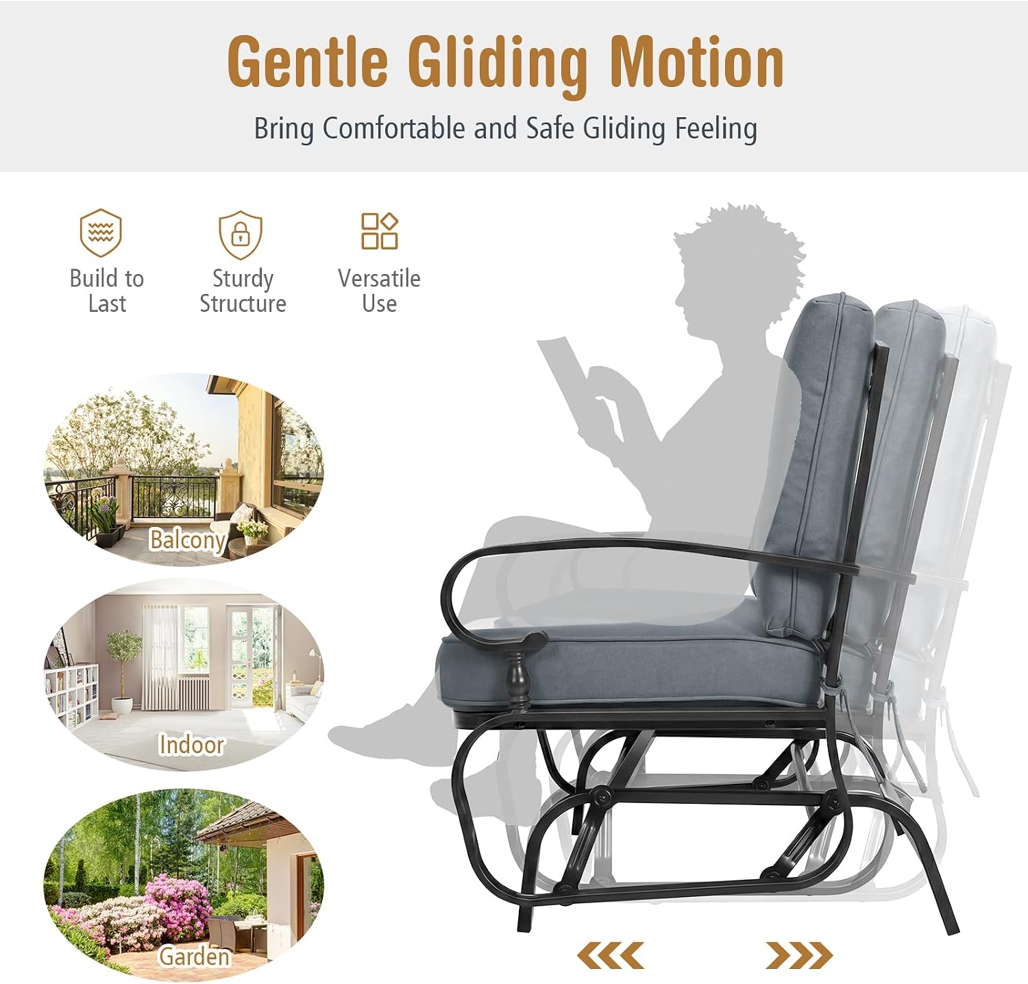 Giantex Outdoor Glider Bench, Patio 2 Person Loveseat with Removable Cushion, Thick Padded Seat, Stable Steel Frame, 400Lbs Capacity, Outside Glider Swing Chair for Deck, Poolside, Yard, Porch (Grey)