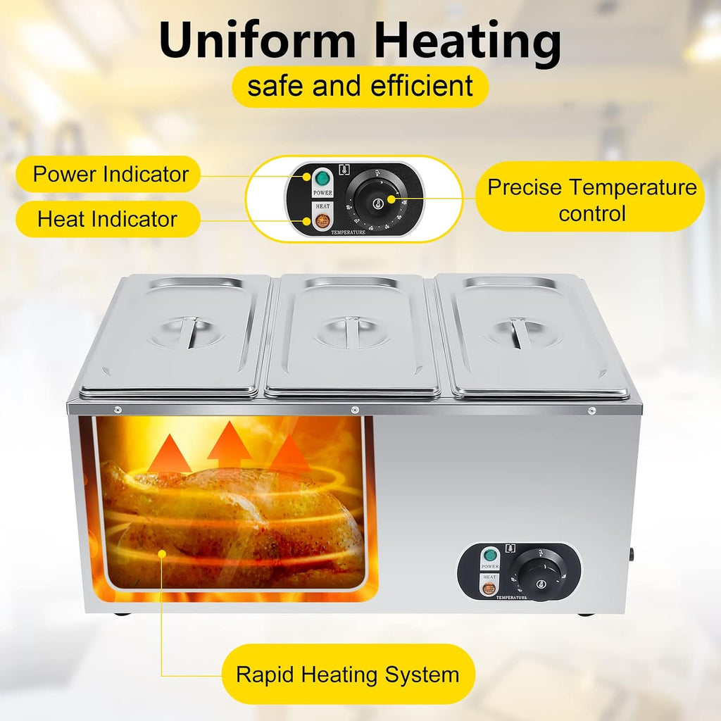 Electric Commercial Food Warmer 110V Buffet Food Warmer Stainless Steel Electric Countertop Steamer with Temperature Control, Tap and Lid for Catering Restaurant Parties (3 Pan)