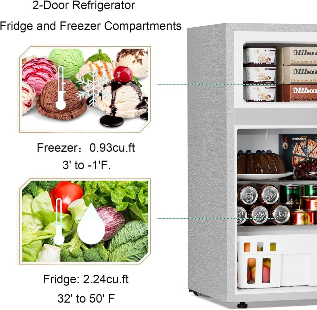 Antarctic Star Mini Compact Refrigerator, 3.2 Cu.Ft. Separate Freezer Double 2-Door Adjustable Removable Shelves For Basement/Apartment/Dorm/Office,GREY