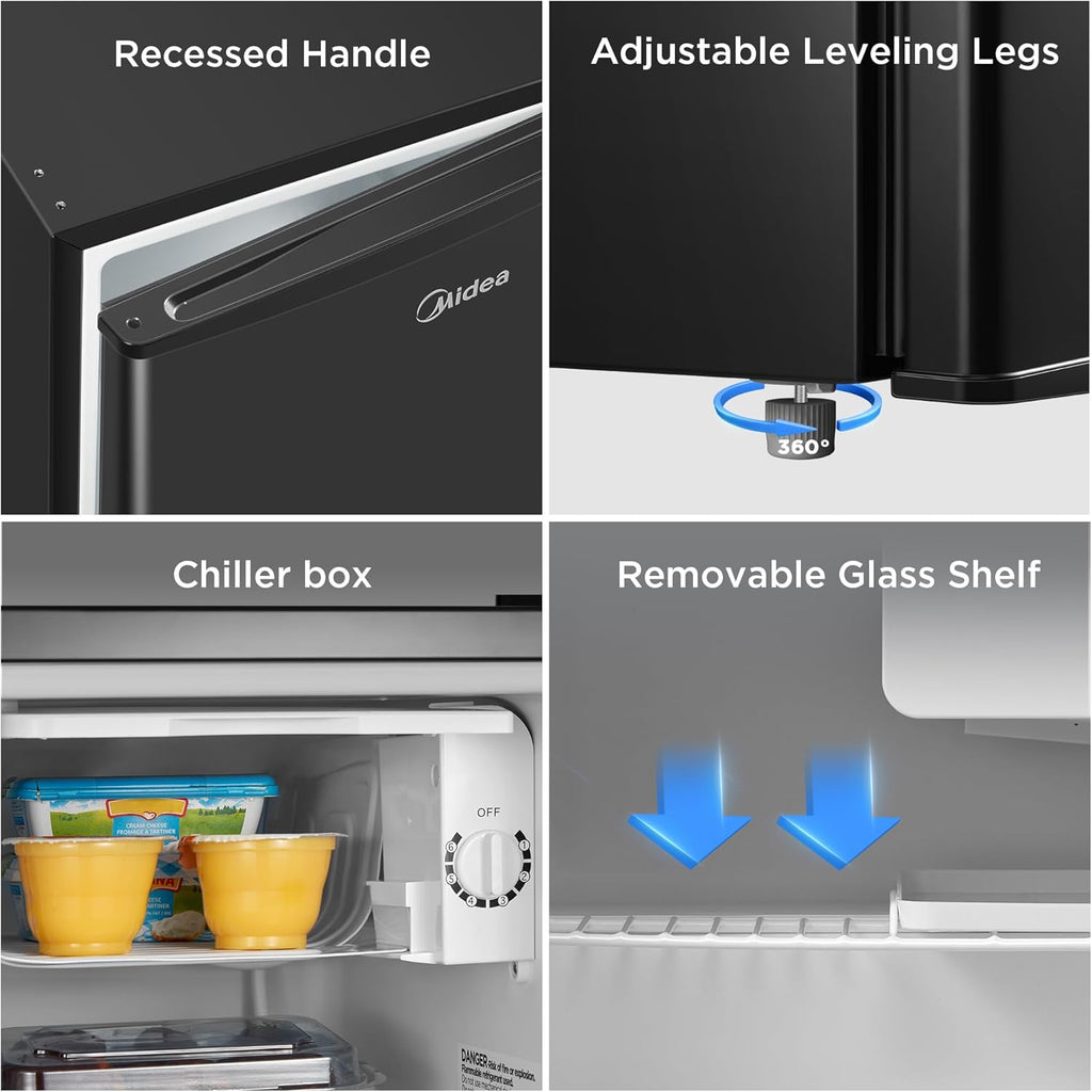 Midea WHS-65LB1 Mini Fridge, 1.6 Cu.ft Energy Star Certified Mini Refrigerator, Adjustable Thermostat, Reversible Door, Low Noise for Dorm, Office, Bedroom, Black