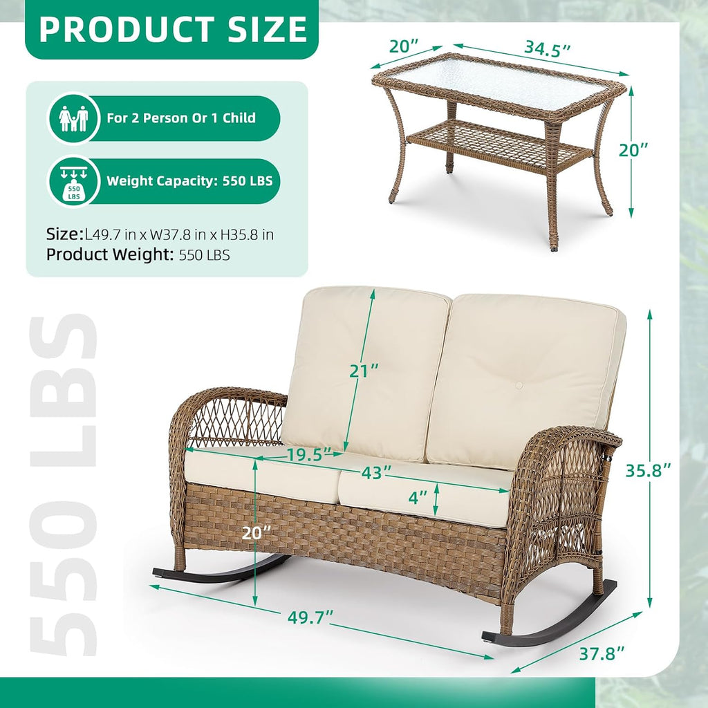 VIVIJASON Outdoor Wicker Loveseat Rocking Chair with Coffee Table, 2-Person Patio Rattan Rocker Sofa Set with Thick Cushions, All-Weather Loveseat Rocker for Porch, Backyard & Garden
