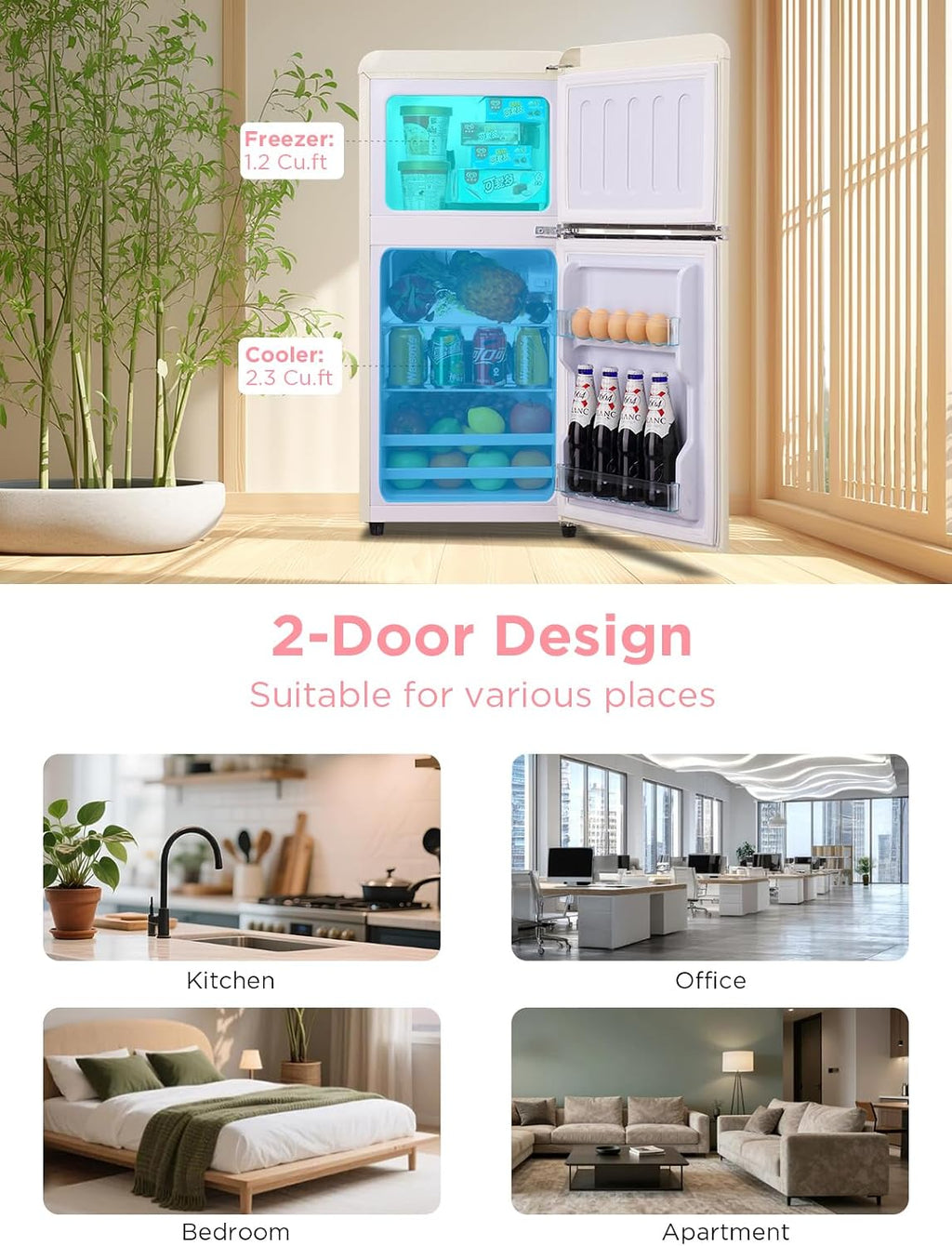 F.W.WOOLWORTHS 3.5 Cu.Ft Fridge with Freezer, Refrigerator with 2 Doors for Office, Kitchen, Dorm and Bedroom, Fridge with 7 Level Temp Adjustable Thermostat, Cream