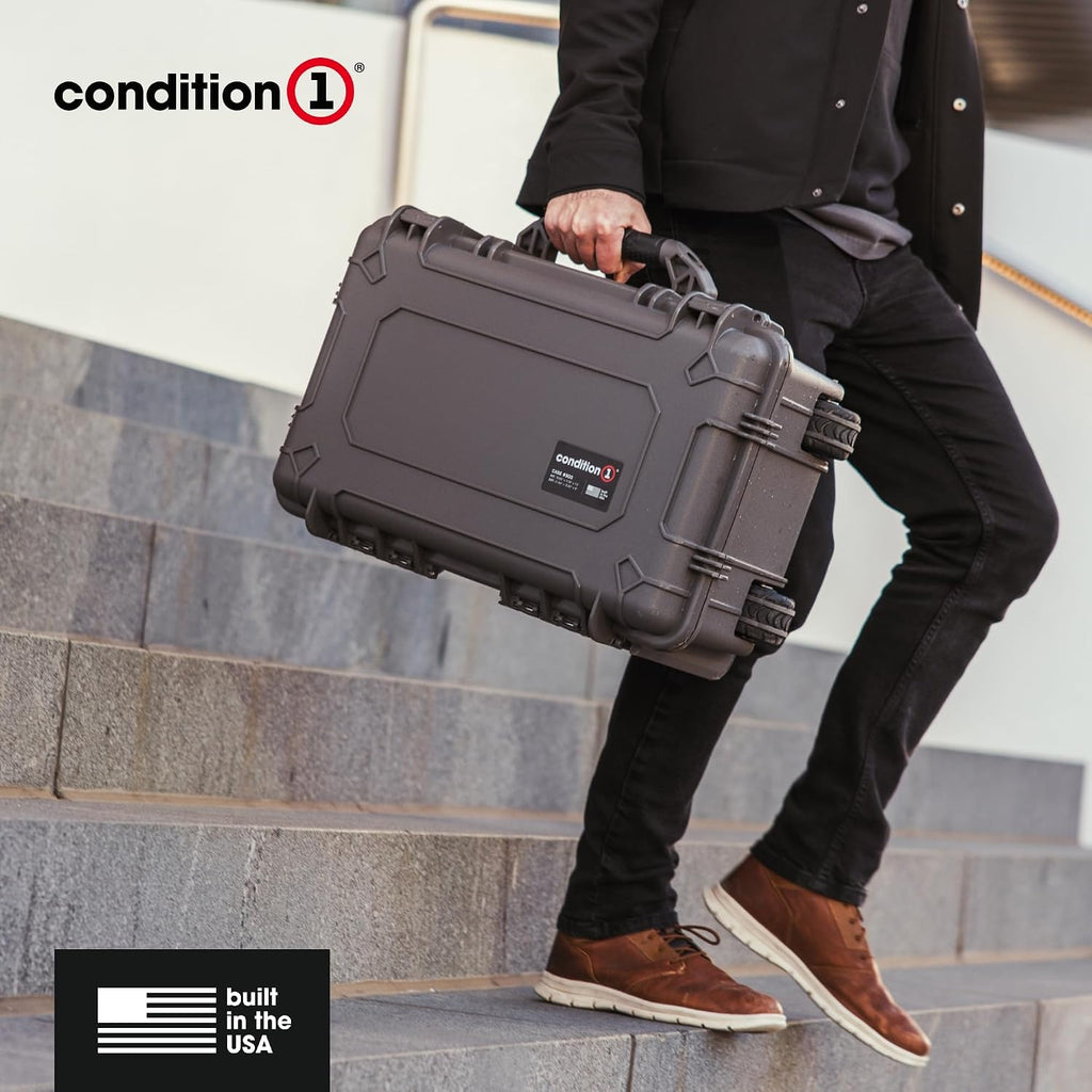 Condition 1 22' Large Rolling Lockable Hard Storage Case w/Padded Divider & Lid Organizer, Model 300, Waterproof Protective Box for Camera & Production Gear, Made in USA, 21.84'x13.82'x9' Black