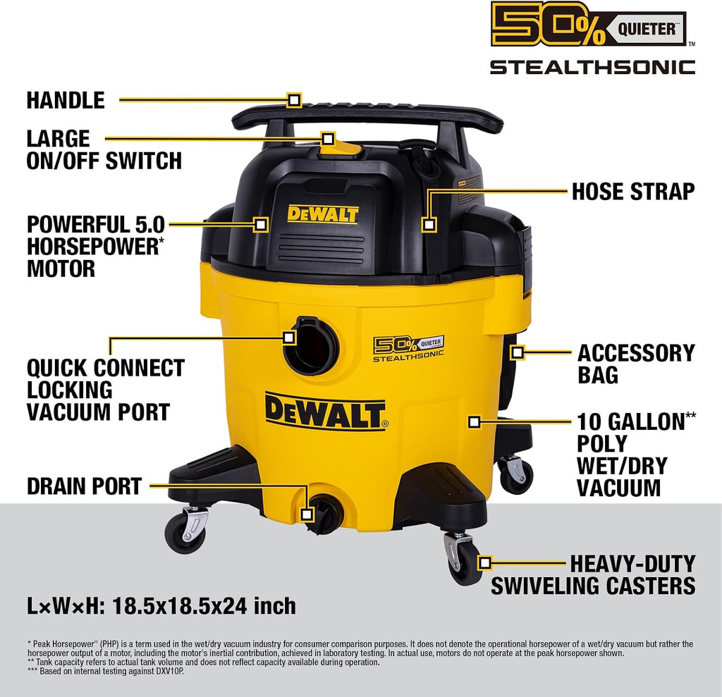 DEWALT 10 Gallon Stealthsonic Wet/Dry Vacuum, 5 Peak HP Ultra-Quiet Shop Vac with Full Accessory Kit & 6 Bonus Dust Bags, 1-7/8 in. x 7 ft. Hose for Job Sites, Workshops & Garages