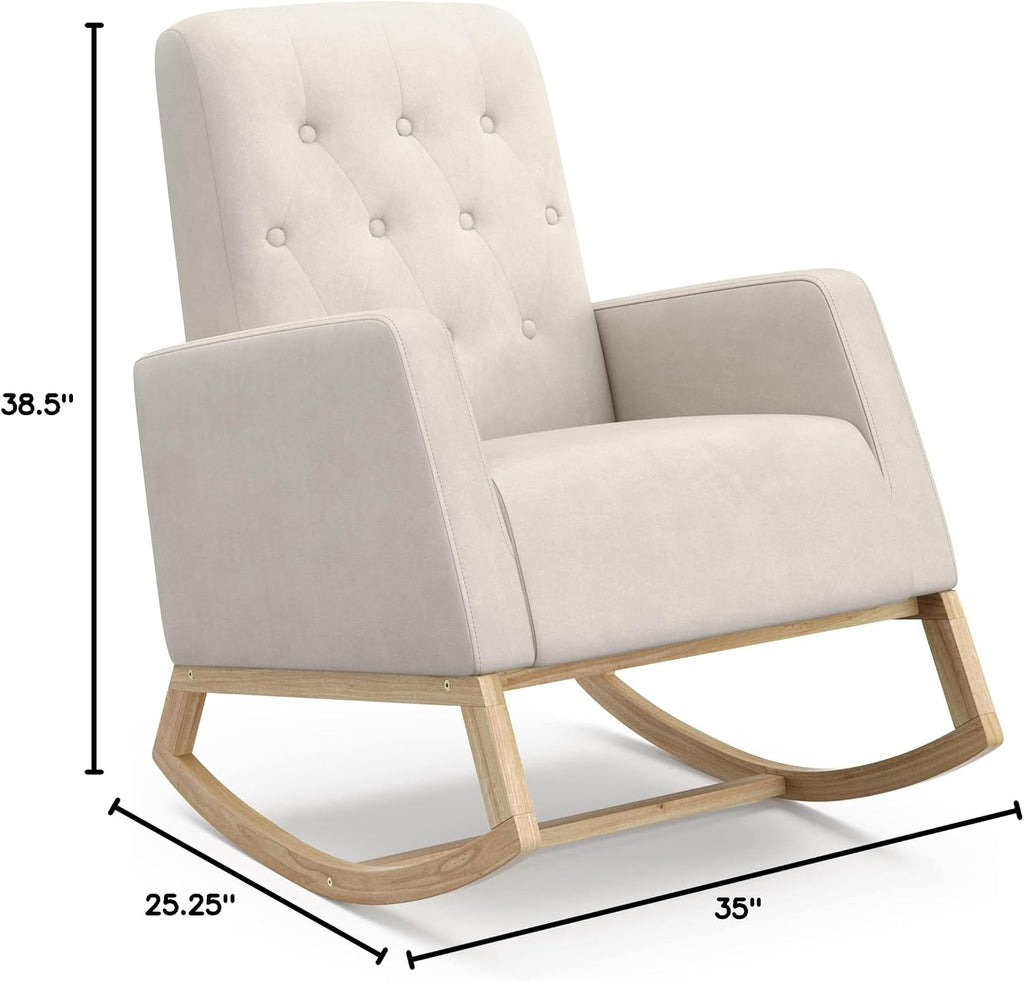 Storkcraft Northern Lights Premium Upholstered Nursery Rocking Chair (Ivory with Natural) – Stylish & Supportive Nursery Chair with Natural Wood Rocker Base, Premium Button Tufting for Classic Style