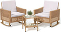 YITAHOME 3 Pieces Patio Wicker Rocking Chair Set, Outdoor Patio Furniture Set with Rattan Side Table, Thickened Cushions, Rocker Patio Chairs Set for Porch, Poolside, and Yard, Beige
