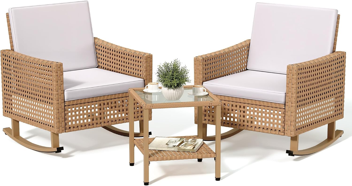 YITAHOME 3 Pieces Patio Wicker Rocking Chair Set, Outdoor Patio Furniture Set with Rattan Side Table, Thickened Cushions, Rocker Patio Chairs Set for Porch, Poolside, and Yard, Beige
