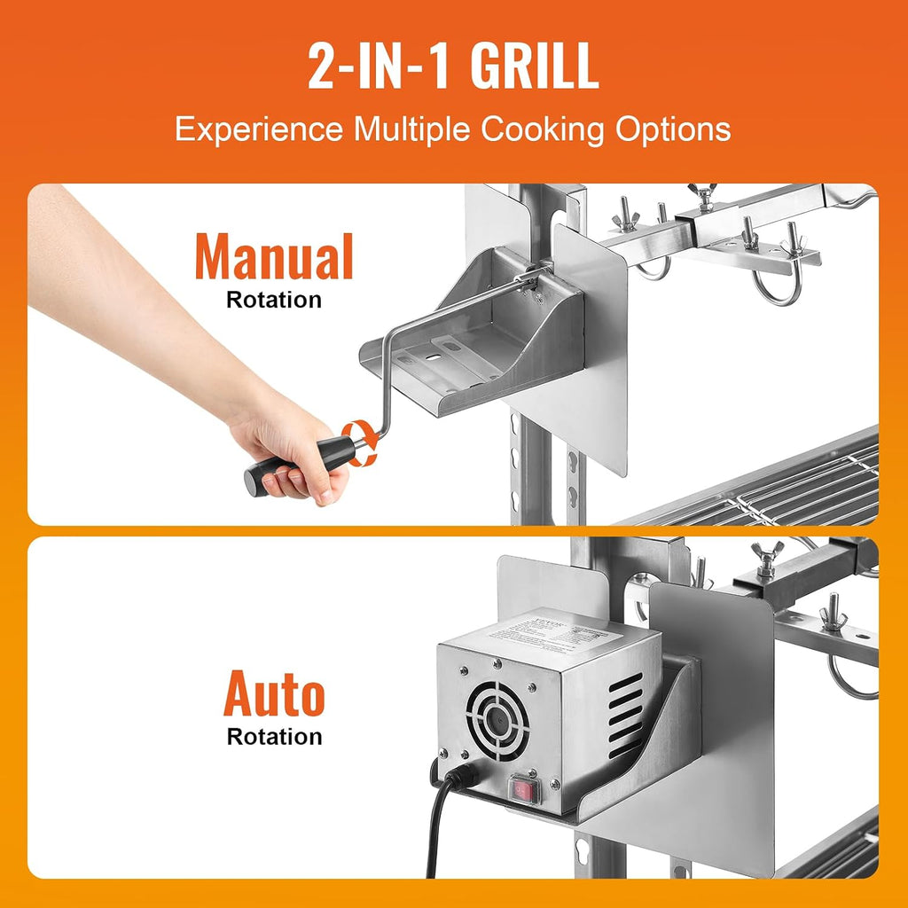 VEVOR Rotisserie Grill, BBQ Whole Pig Lamb Goat Charcoal Spit Grill, 46 Inch 132 Lbs Capacity, Electric 52W Motor Stainless Steel Rotisserie Roaster with Lockable Wheels, for Camping Outdoor