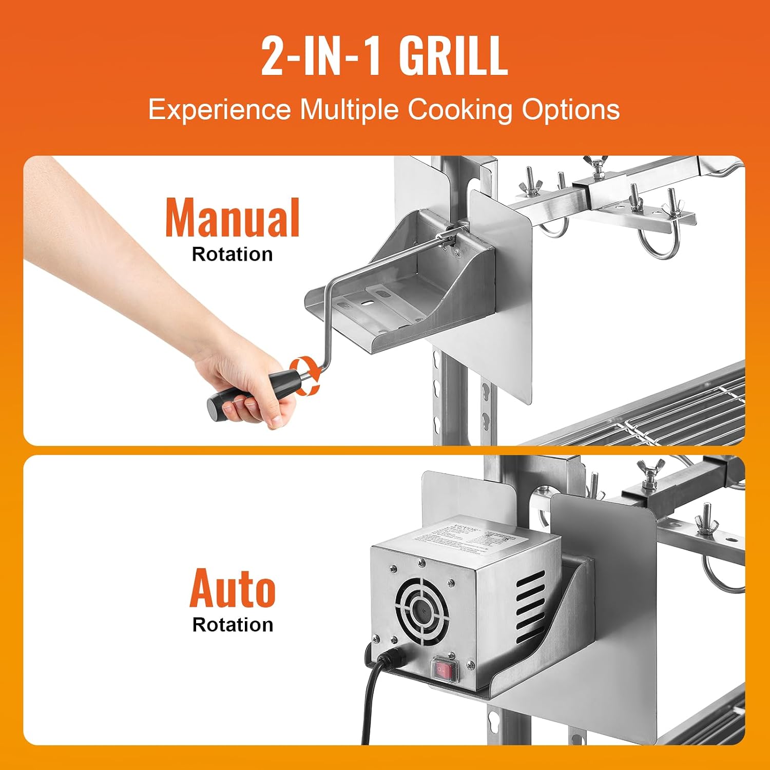 VEVOR Rotisserie Grill, BBQ Whole Pig Lamb Goat Charcoal Spit Grill, 46 Inch 132 Lbs Capacity, Electric 52W Motor Stainless Steel Rotisserie Roaster with Lockable Wheels, for Camping Outdoor
