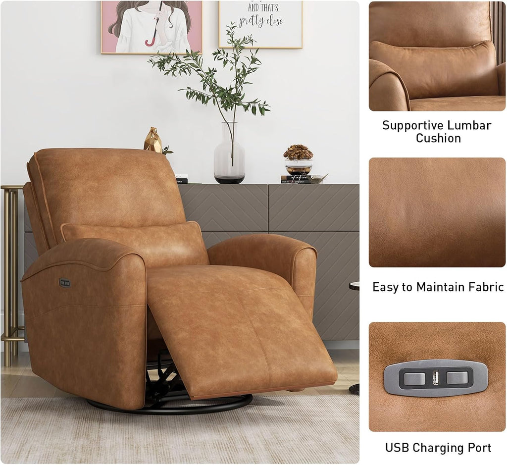 Bonzy Home Power Swivel Rocker Recliner Chair with USB Port, 23.2' Wide Seat, Fixed Lumbar Support, Upholstered Glider Chair for Nursery Living Room, Brown