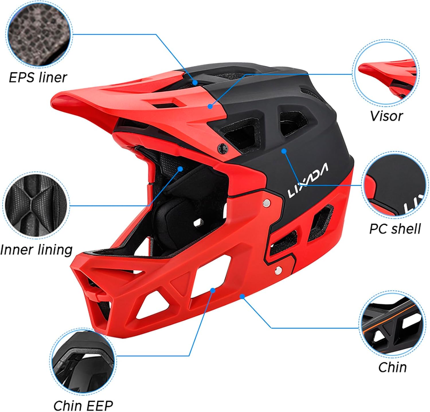 Lixada Adult Bike Helmet, Full Face Mountain Bike Helmet Lightweight Bicycle Helmet with Pads & Visor, Comfort Cycling Helmet Racing Downhill MTB Helmet for Men Women