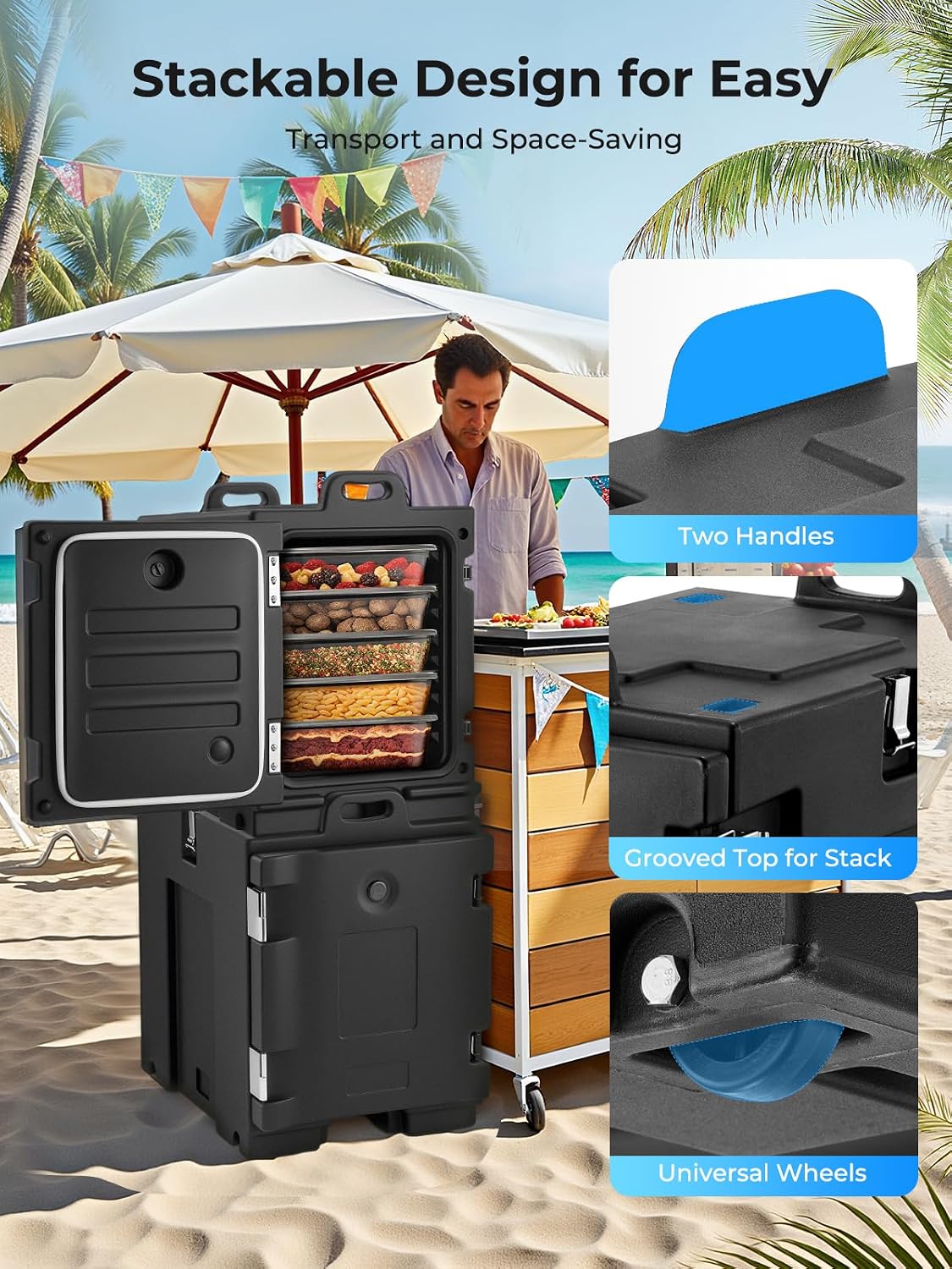 Food Warmer w/Wheels, 82Qt Hot Boxes for Catering, LLDPE Insulated Food Pan Carrier w/Handles, Stackable, Pans (NOT Included), Catering Food Warmers for Parties, Restaurant, Camping