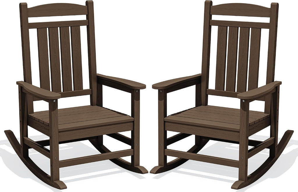 KINGYES Oversized Outdoor Rocking Chair Set 2, All Weather HDPE Patio Rocking Chairs for Adults, Coffee Brown