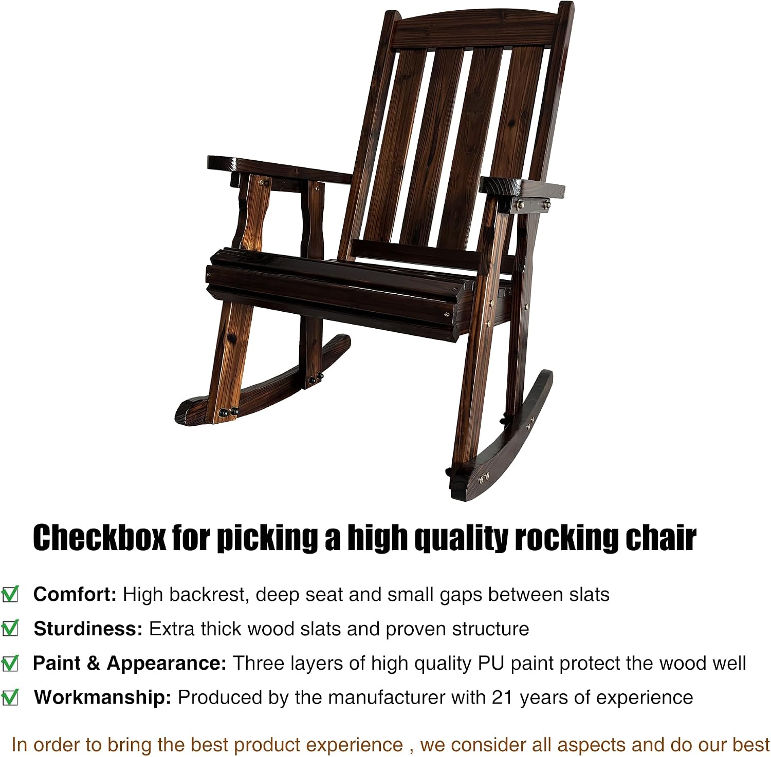 Fortune Candy Wooden Patio Rocking Chair with Comfortable Backrest Inclination, High Backrest and Deep Contoured Seat, Solid Fir Wood, Heavy Duty 600 LBS (Chocolate Tone, 1 Piece)