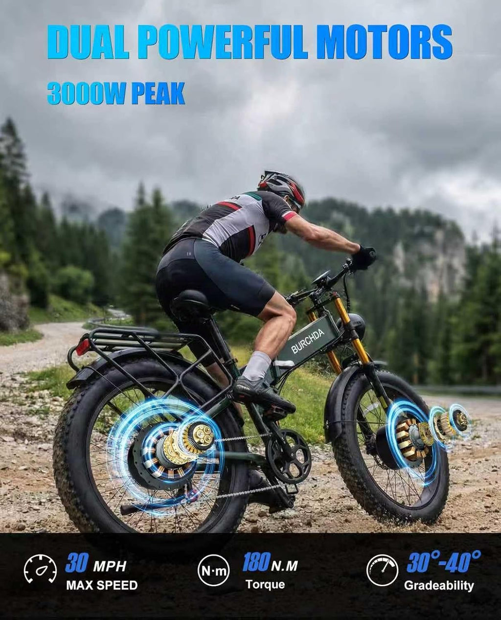 DAMSON Electric Bike for Adults Dual Motor AWD 5000W/3000W/1500W Peak 40MPH/30MPH Dirt Ebike, 52V/48V Max-Output Up to 65/80/120/160 Miles Long Range, 26' Full Suspension Fat Tire Mountains Bicycle