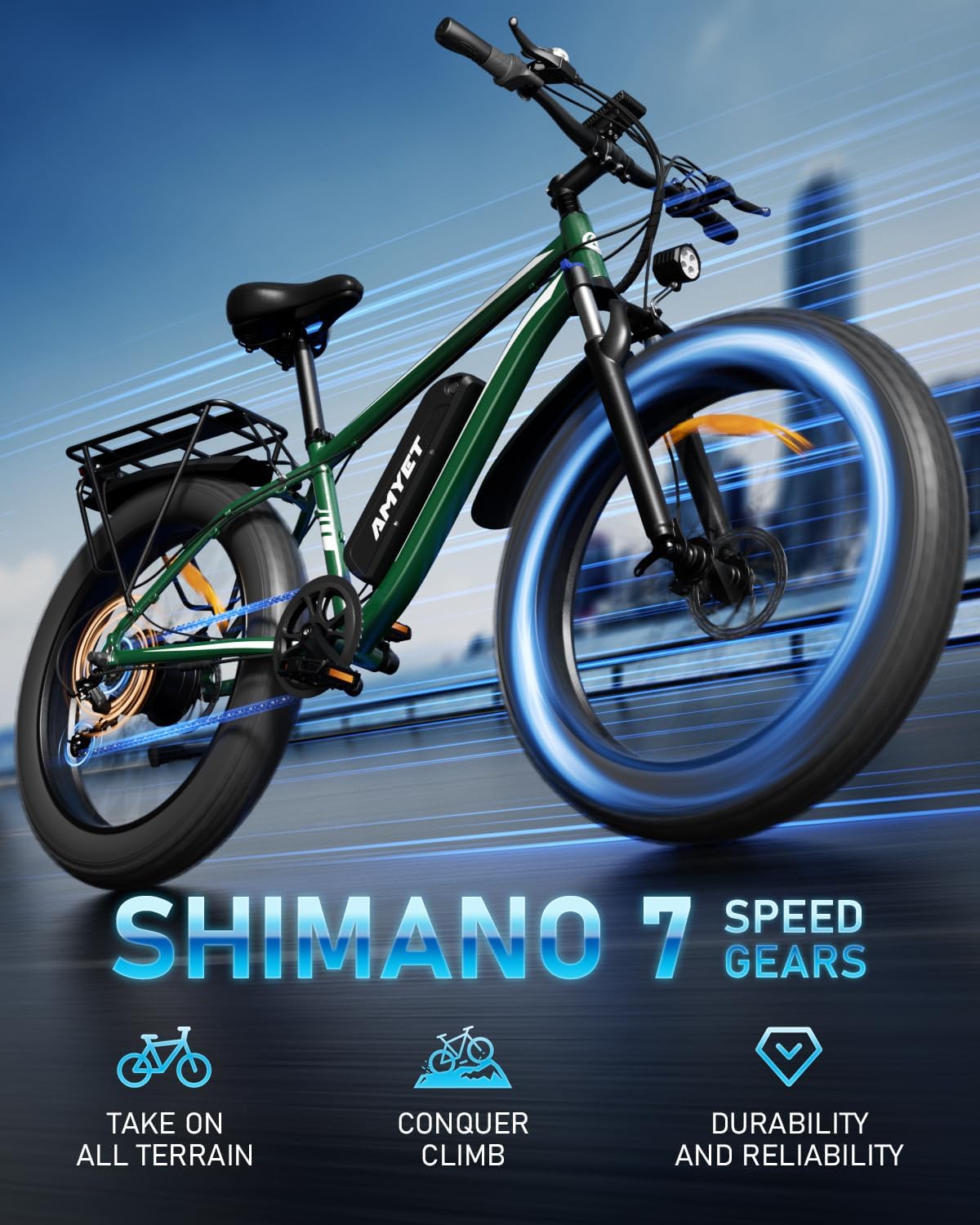 AMYET EB26 Electric Bike for Adults Peak 1500W Electric Bicycle 48V 15AH (720WH) Battery Electric Bike 26' Fat Tire Mountain 28mph 7 Speed Gears Ebike with UL 2849 Certified
