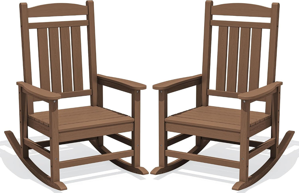 KINGYES Oversized Outdoor Rocking Chair Set of 2, High Density Polyethylene Patio Rocking Chairs with 330lbs Support for Adults, Brown