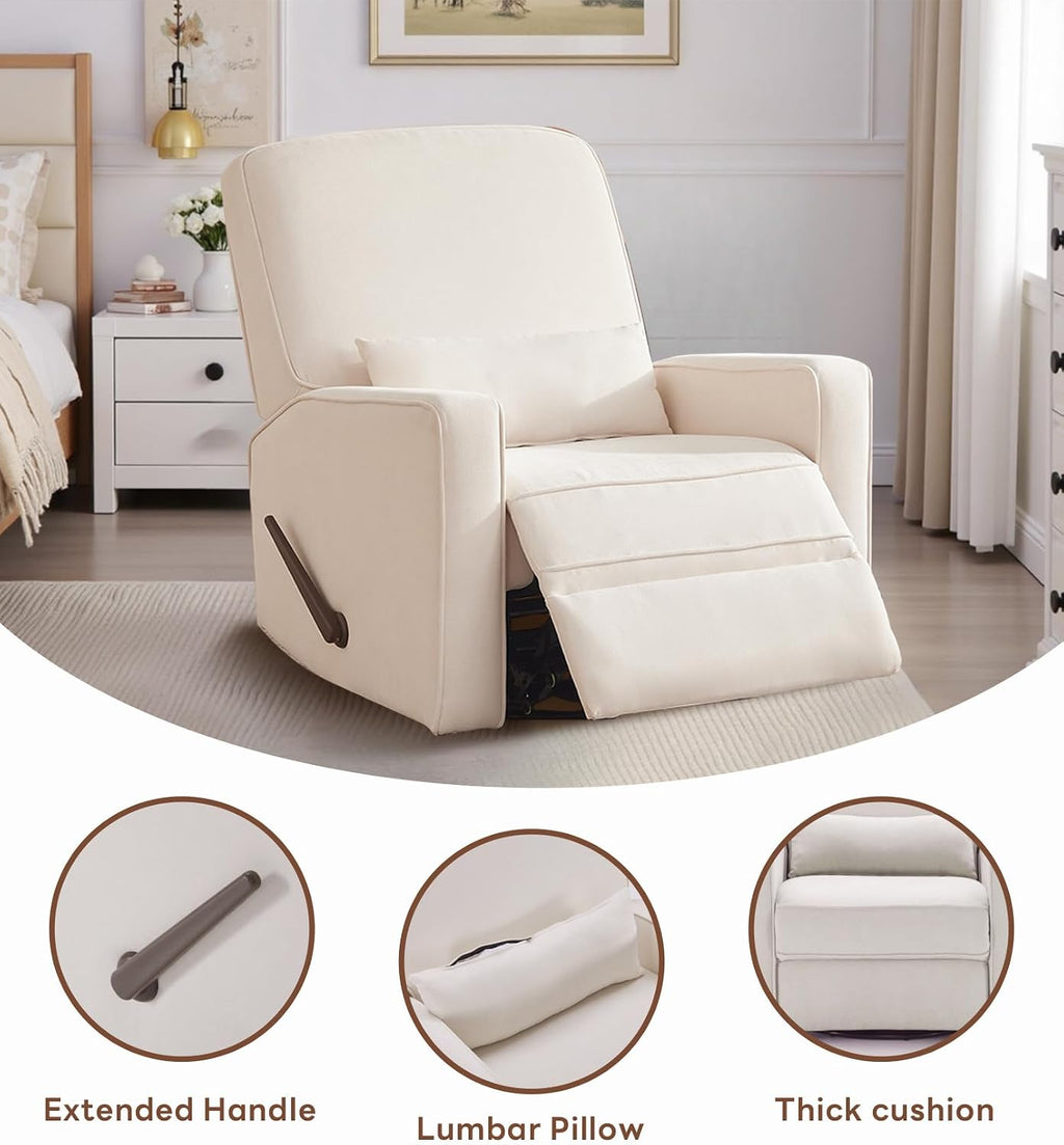 Tbfit Nursery Rocking Chair,360°Swivel Recliner Chair with Lumbar Support for Bedroom, Comfy Upholstered Armchair with Pillows & Footrest for Living Room & Baby Room