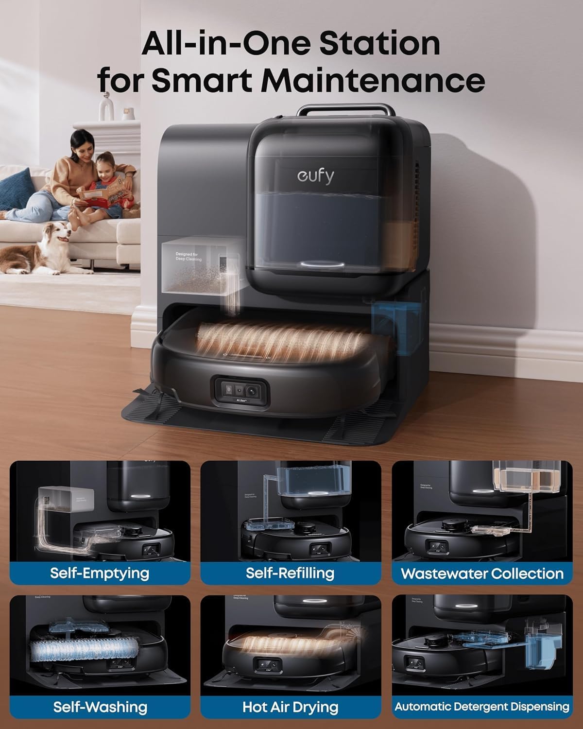 eufy Robot Vacuum Omni E28, HydroJet System, Portable Deep Cleaner, Turbo Suction, DuoSpiral Detangle Brushes, CornerRover Arm + Official Hard Floor Cleaning Solution*1