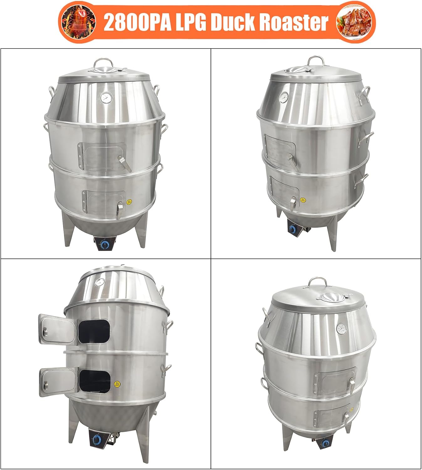 Commercial Roast Duck Oven, 2800PA LP Gas Duck Roaster, 31.5x31.5x55in Stainless Steel Grill with Reducing Valve, Hooks & Pins, for Beijing Duck, BBQ, Commercial Barbecue