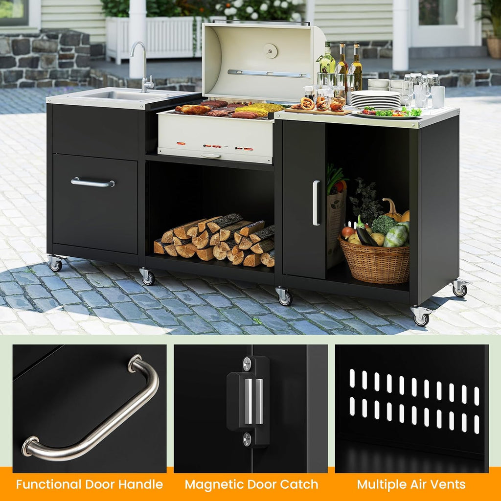Happygrill 80' Outdoor Grill Table with Sink & Drainage, Heavy Duty Metal Grill Cart w/Cabinet & Removable Stainless Steel Top, Portable Prep Cooking Table w/Wheels for BBQ, Patio, Camping & Backyard