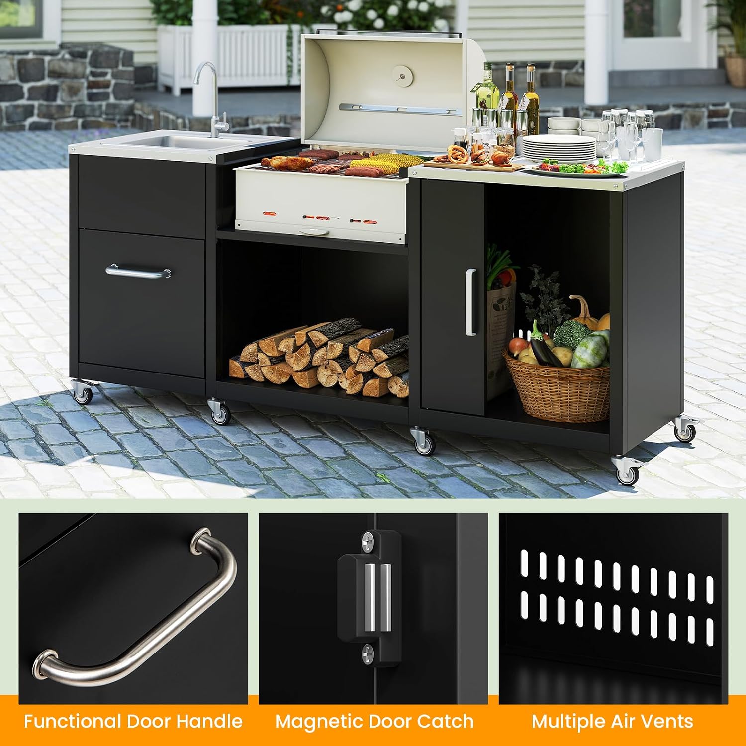 Happygrill 80' Outdoor Grill Table with Sink & Drainage, Heavy Duty Metal Grill Cart w/Cabinet & Removable Stainless Steel Top, Portable Prep Cooking Table w/Wheels for BBQ, Patio, Camping & Backyard