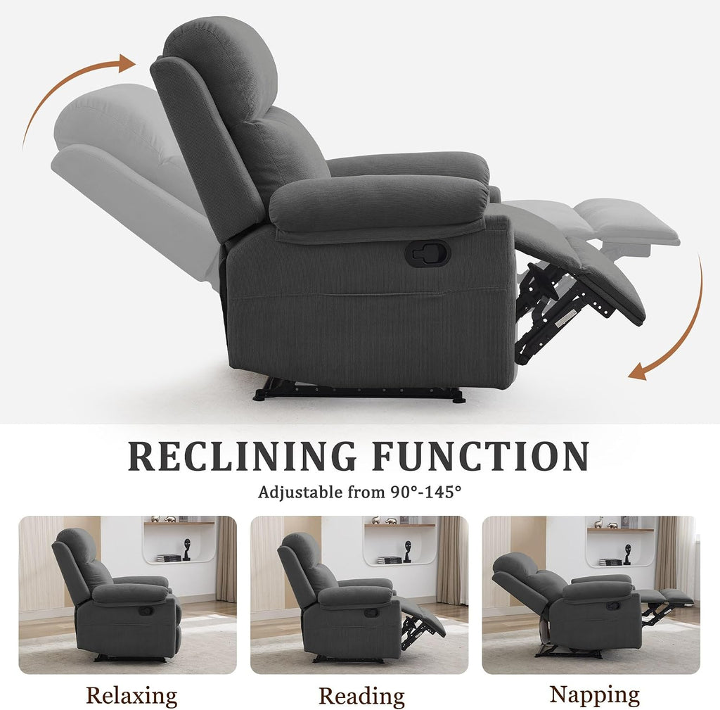 Korser Recliner Chair, Manual Recliner for Adults with Side Pocket, Small Recliners for Small Spaces, Adjustable Comfy Overstuffed Corduroy Reclining Chairs for Living Room, Reading, Bedroom, Grey