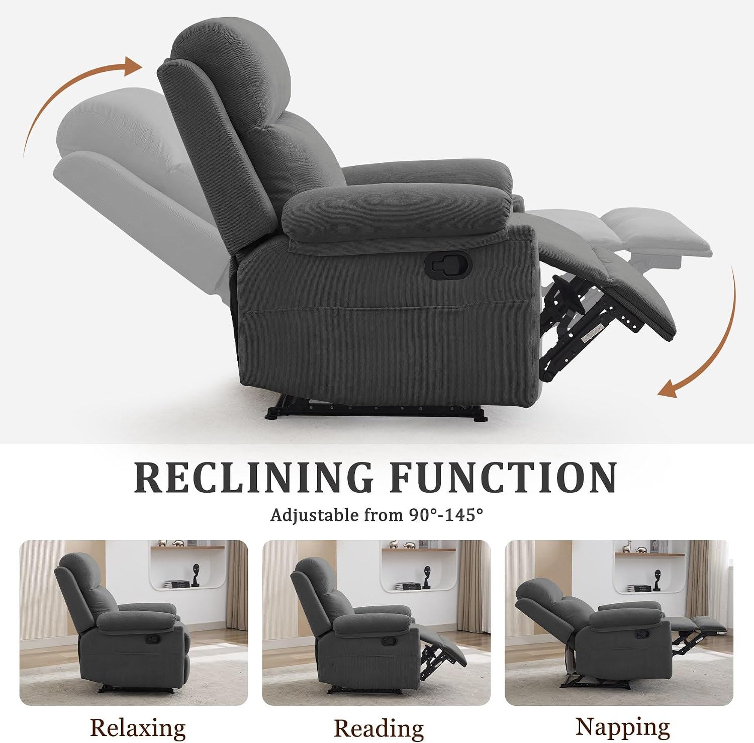 Korser Recliner Chair, Manual Recliner for Adults with Side Pocket, Small Recliners for Small Spaces, Adjustable Comfy Overstuffed Corduroy Reclining Chairs for Living Room, Reading, Bedroom, Grey