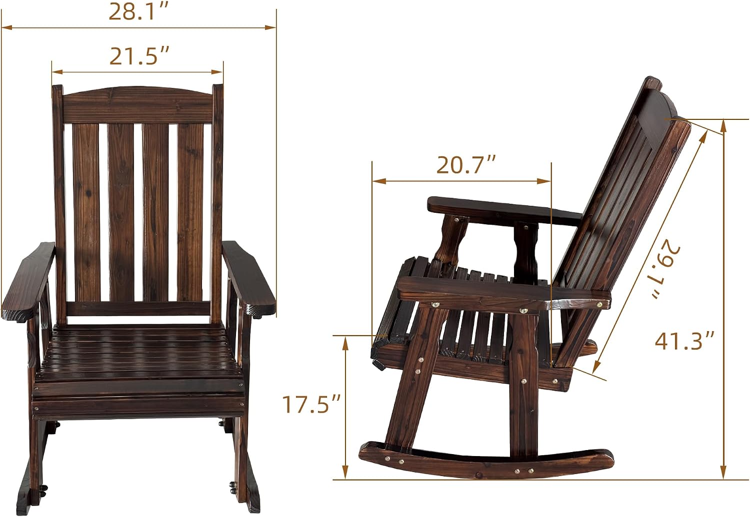 Fortune Candy Wooden Patio Rocking Chair with Comfortable Backrest Inclination, High Backrest and Deep Contoured Seat, Solid Fir Wood, Heavy Duty 600 LBS (Chocolate Tone, 1 Piece)