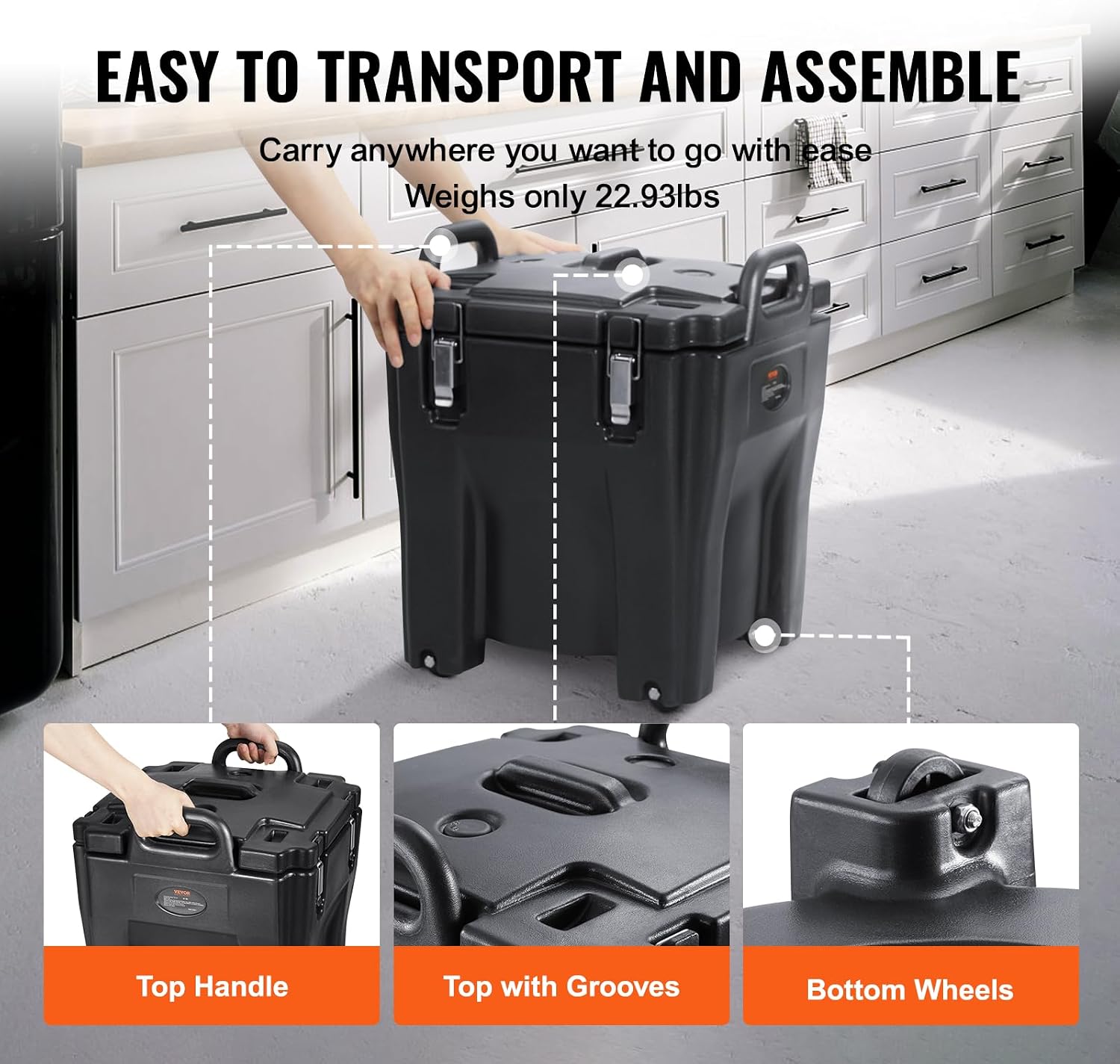 VEVOR Insulated Food Carrier, 32Qt Capacity Stackable Hot Box for Catering w/Stainless Steel Barrel, Top Load LLDPE Food Warmer w/Stationary Base, for Restaurant Canteen, Black