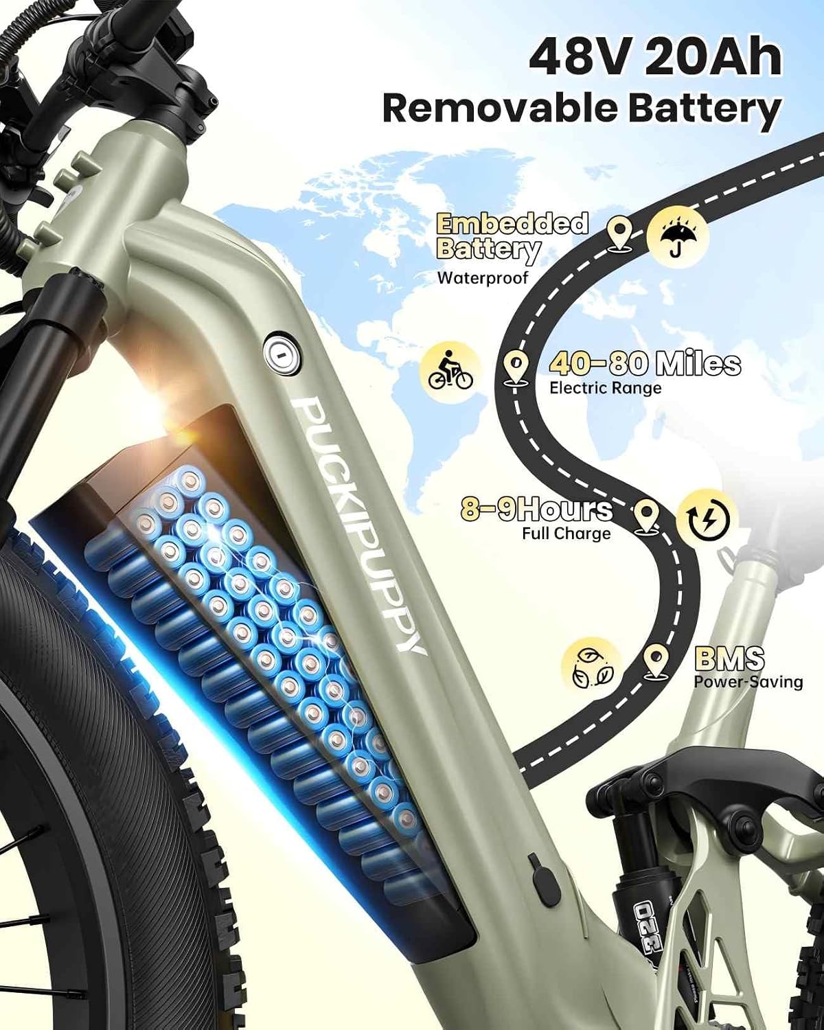 PUCKIPUPPY Battery+Electric Bike for Adults 960W(Peak), 48V 20AH Battery Adult Electric Bicycles, 26' Fat Tire Full Suspension Step-Thru Ebike, 28MPH Mountain Ebike, 7 Speed, 80Miles Range