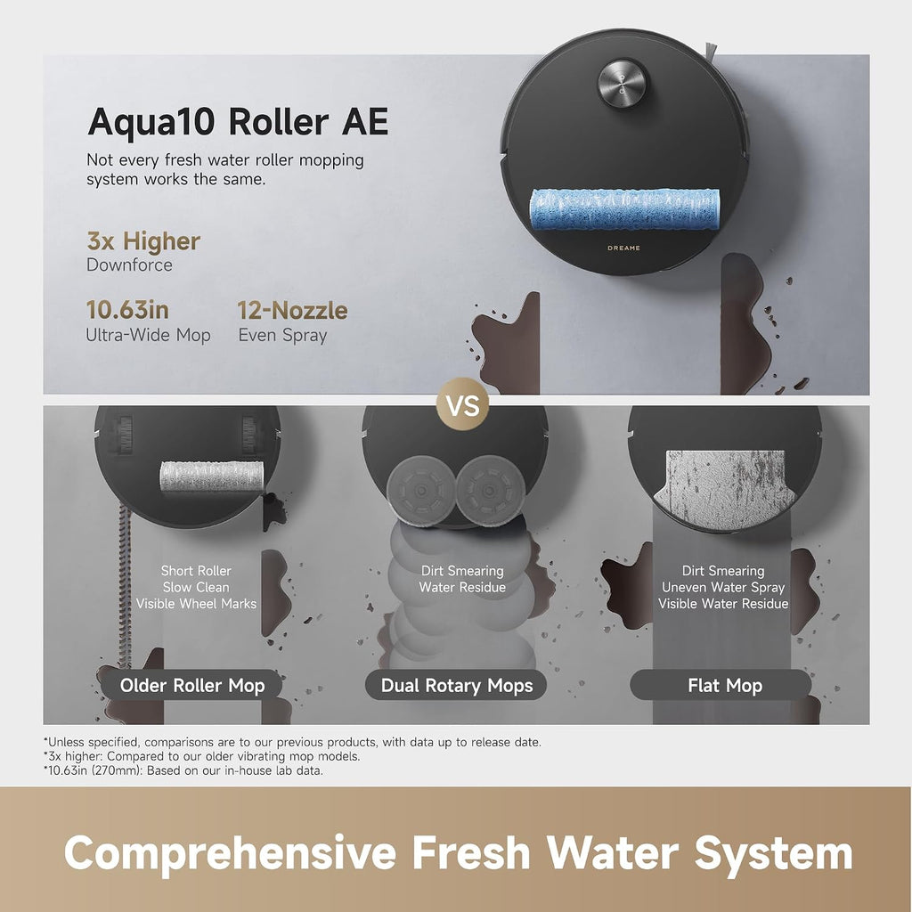 DREAME Aqua10 Roller AE Robot Vacuum, Roller Mop Fresh Water Mopping, Carpet-Safe Roller Guard, Auto-Empty, 30,000Pa Suction, 212℉ Hot Water Mop Washing, Hot Air Drying, 100% Detangling, Voice Control