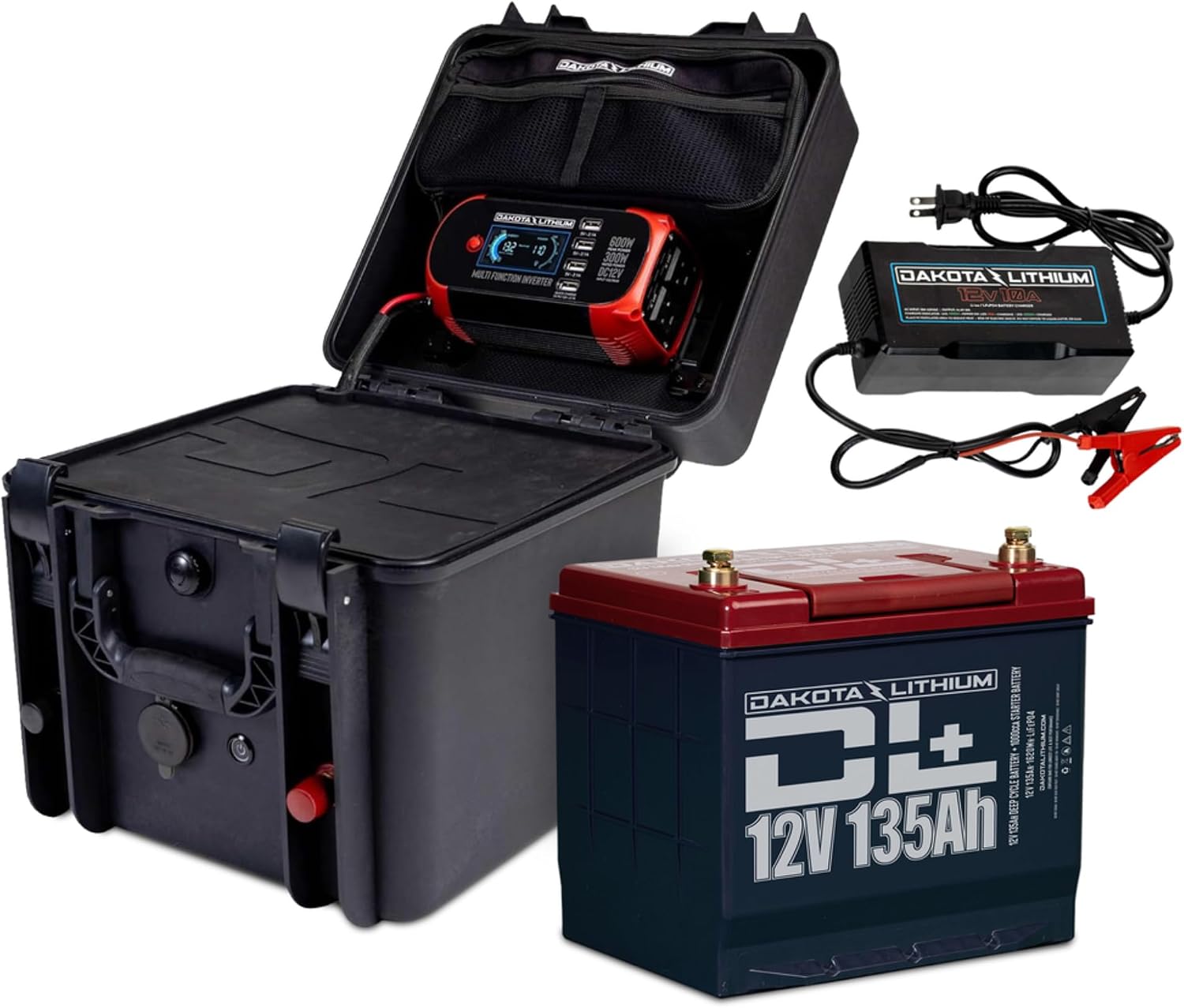 Dakota Lithium - Power Box with 12V 135Ah LiFePO4 Battery Included - 11 Year USA Warranty 2000+ Deep Cycle Box with DC Inverter and USB Ports, Fishing, Marine - 1 Battery, Case, and Charger