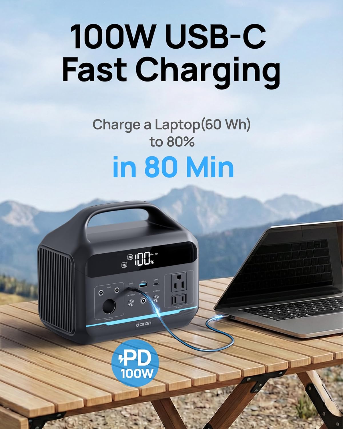 DARAN Portable Power Station 600W with 80W Solar Panel, 288Wh LiFePO4 Solar Generator, Dual AC Outlets, 100W USB-C PD, Fast Recharge for Camping, RV, Power Outage, Emergency Backup