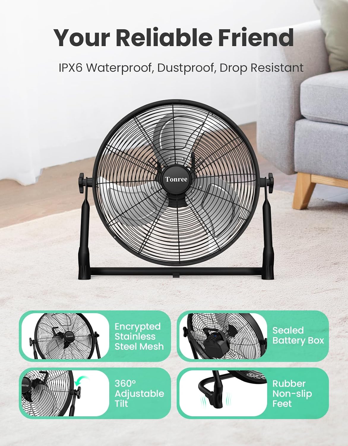 18' Portable Battery Operated Floor Fan, Hi-Velocity Rechargeable Cordless Fan, USB Phone Charge, 12-60H Runtime, Quiet, Wireless, Hi-Airflow, For Camping Home Gym Patio Outdoor Summer Gazebo