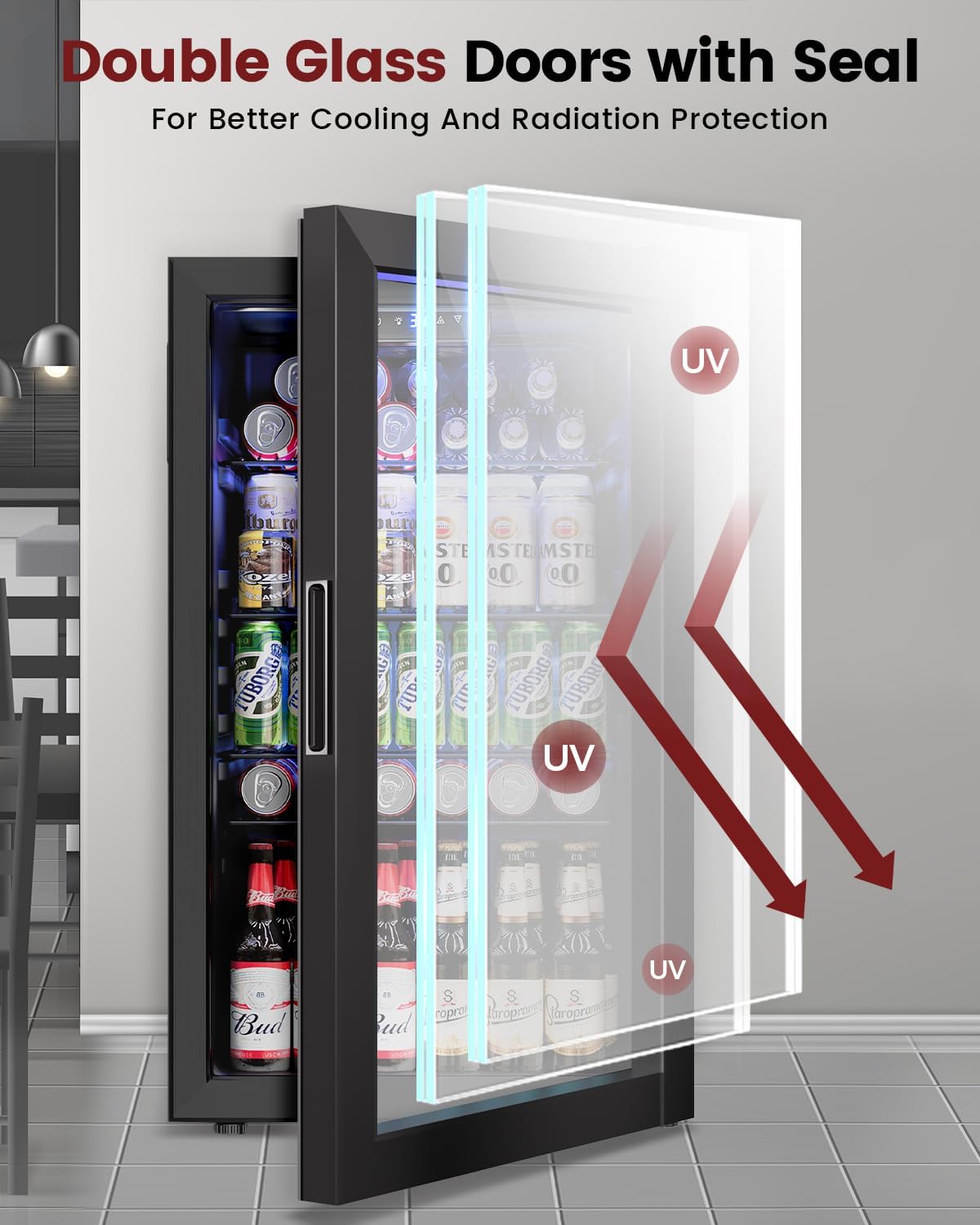 Feelfunn Wine Cooler Refrigerator - 26 Bottle 126 Can Mini Wine Fridge with Glass Door for Beer Soda Water Drink, Small Wine Cellar Beverage Refrigerator for Bedroom Office Home Bar Dorm, 3.2 Cu.Ft