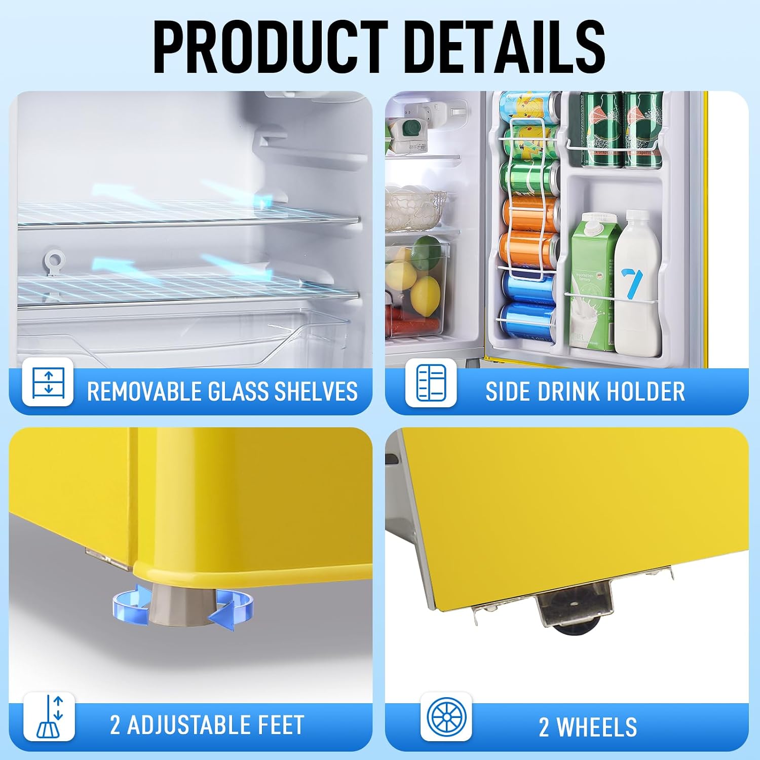 WANAI 2 Door 2 Handle Mini Refrigerator with Freezer-on-top, Spacious 3.5 Cubic Feet Capacity Small Fridge with 7-Level Adjustable Thermostat & 2 Removable Shelves Yellow