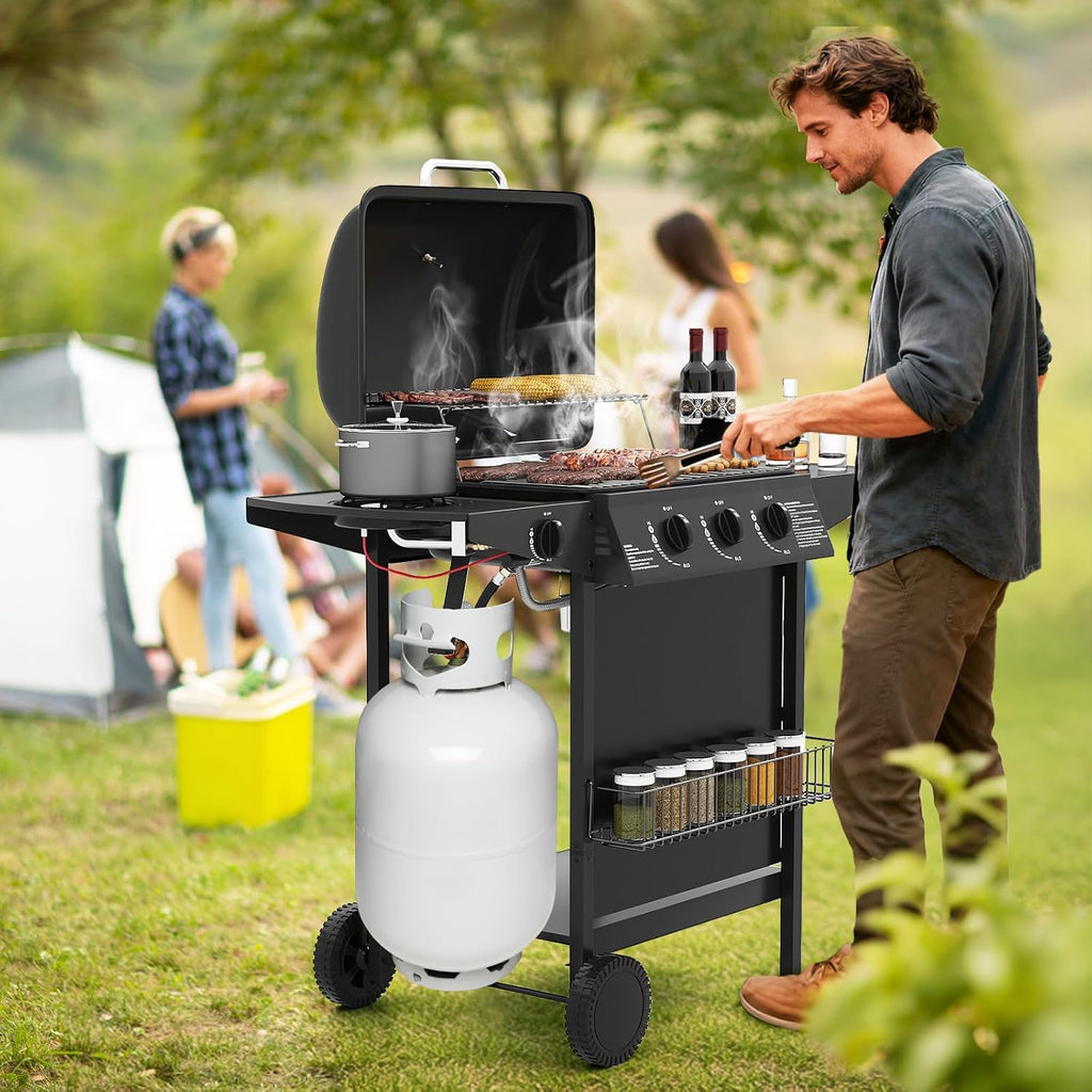 Happygrill 3 + 1 Burner Propane Gas Grill, 39,000 BTU Outdoor Cooking Grill w/Storage Shelves & Porcelain-Enameled Grates, Portable BBQ Grills on Wheels w/Thermometer for Backyard, Camping & Picnic