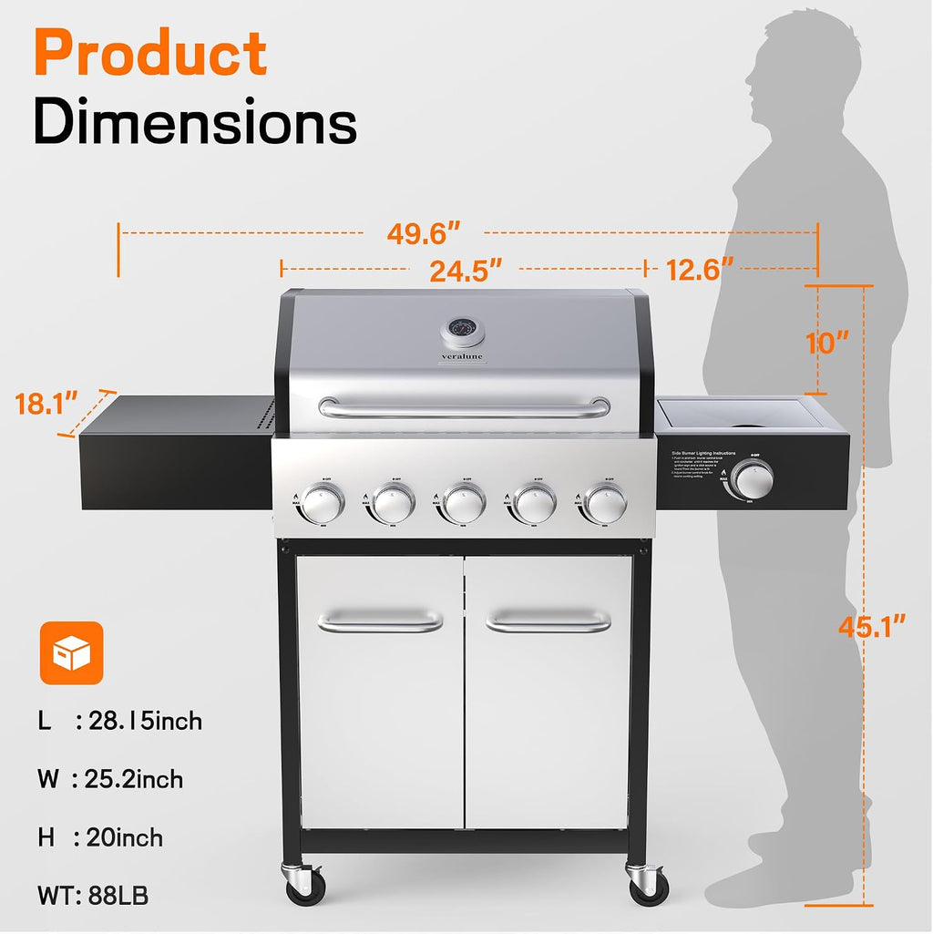 Veralune 5 Burner Gas Grill with Side Burner, Stainless Steel Propane Grill with Porcelain-Enameled Grills, Built-In Thermometer, 68000BTU BBQ Grill for Patio, Backyard, Garden Cooking
