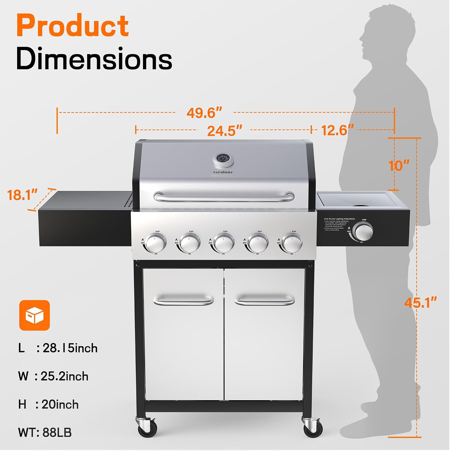 Veralune 5 Burner Gas Grill with Side Burner, Stainless Steel Propane Grill with Porcelain-Enameled Grills, Built-In Thermometer, 68000BTU BBQ Grill for Patio, Backyard, Garden Cooking