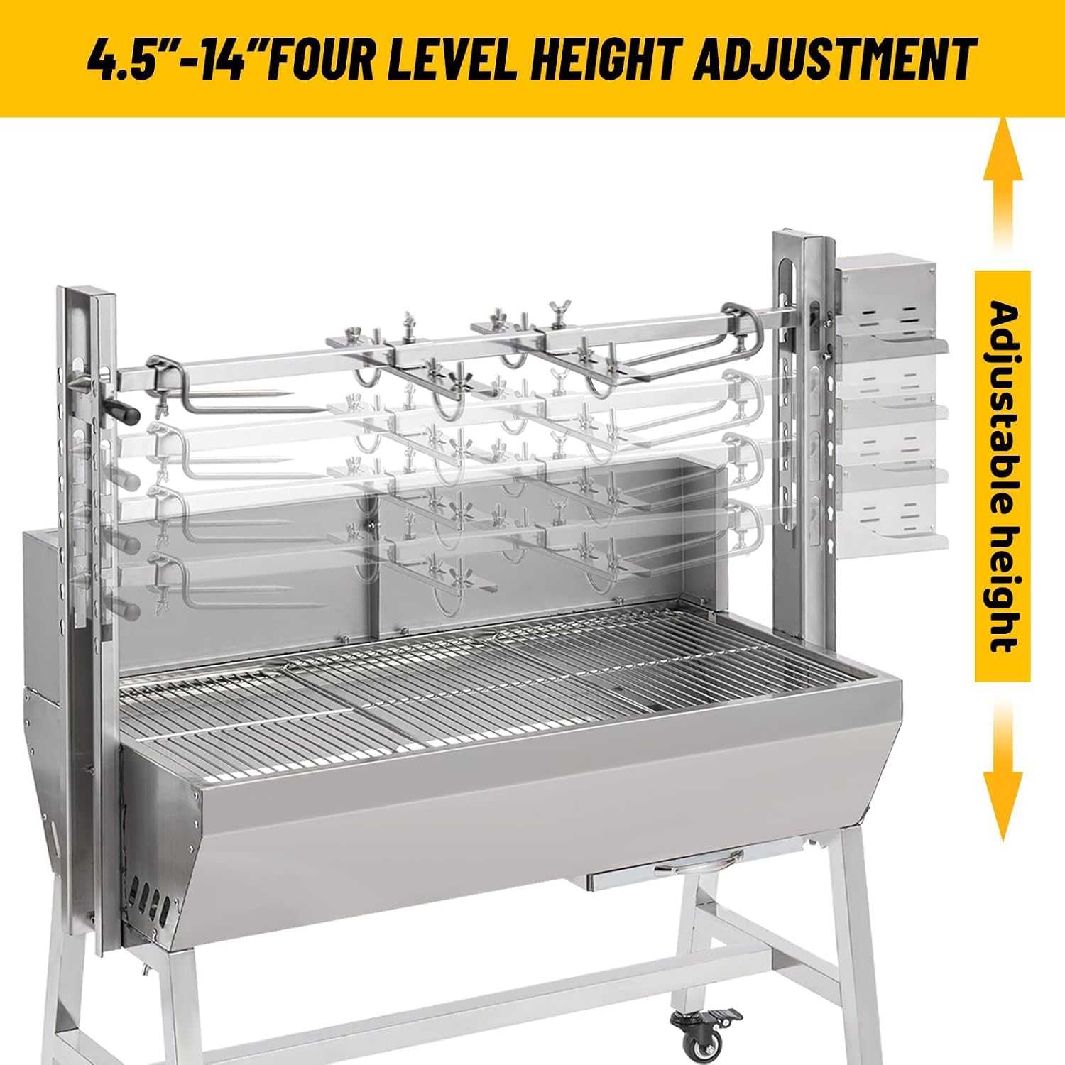 Rotisserie Grill with Back Cover Guard, 25W Motor 55 Inch Stainless Steel Small Pig Lamb Rotisserie Roaster, BBQ Charcoal Rotisserie Grill for Camping Party, Outdoor Kitchen (132 LBS)
