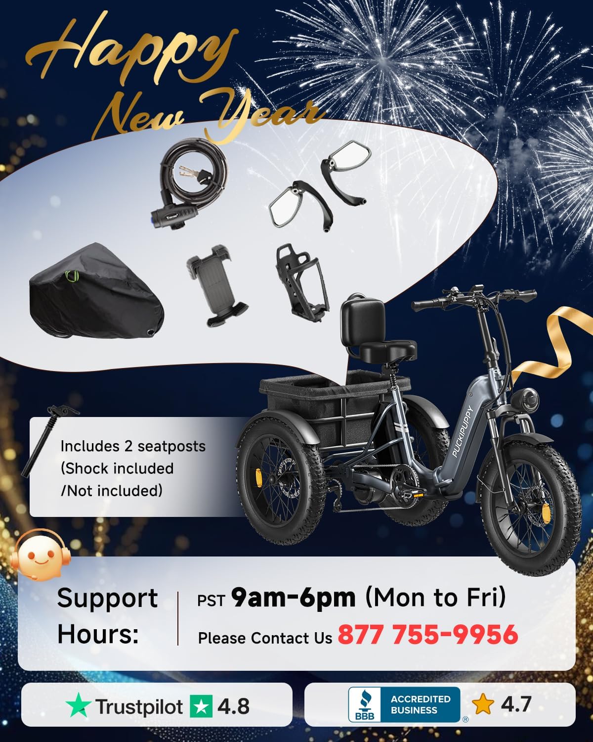 PUCKIPUPPY Electric Tricycle for Adult with 960W Peak Motor, 60 Miles Range Pickup Class Trike, 500 Lbs Load Electric Trike with Rear Differential and 20' Fat Tires, 48V 17.4AH Cell Battery, Husky