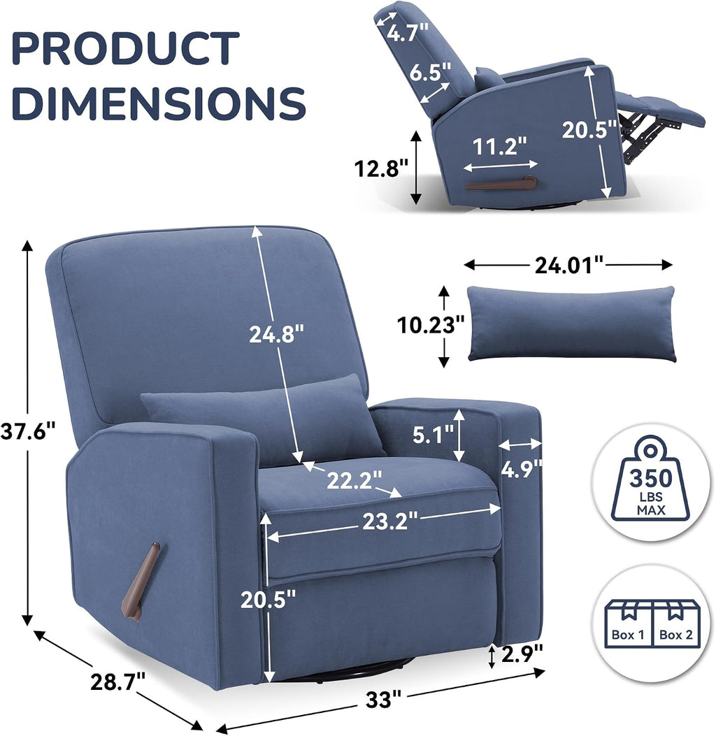 Tbfit Nursery Rocking Chair,360°Swivel Recliner Chair with Lumbar Support for Bedroom, Comfy Upholstered Armchair with Pillows & Footrest for Living Room & Baby Room
