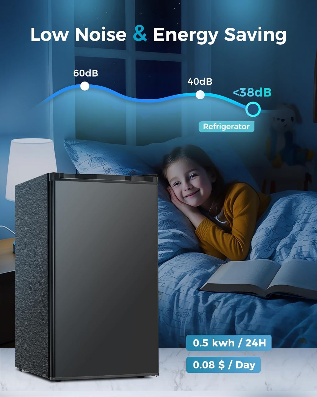 Feelfunn Mini Fridge with Freezer - 3.2 Cu.Ft Single Door Mini Refrigerator with Adjustable Thermostat, Energy Saving, Low Noise, Small Fridge for Bedroom, Office, Dorm, Apartment, Classroom - Black
