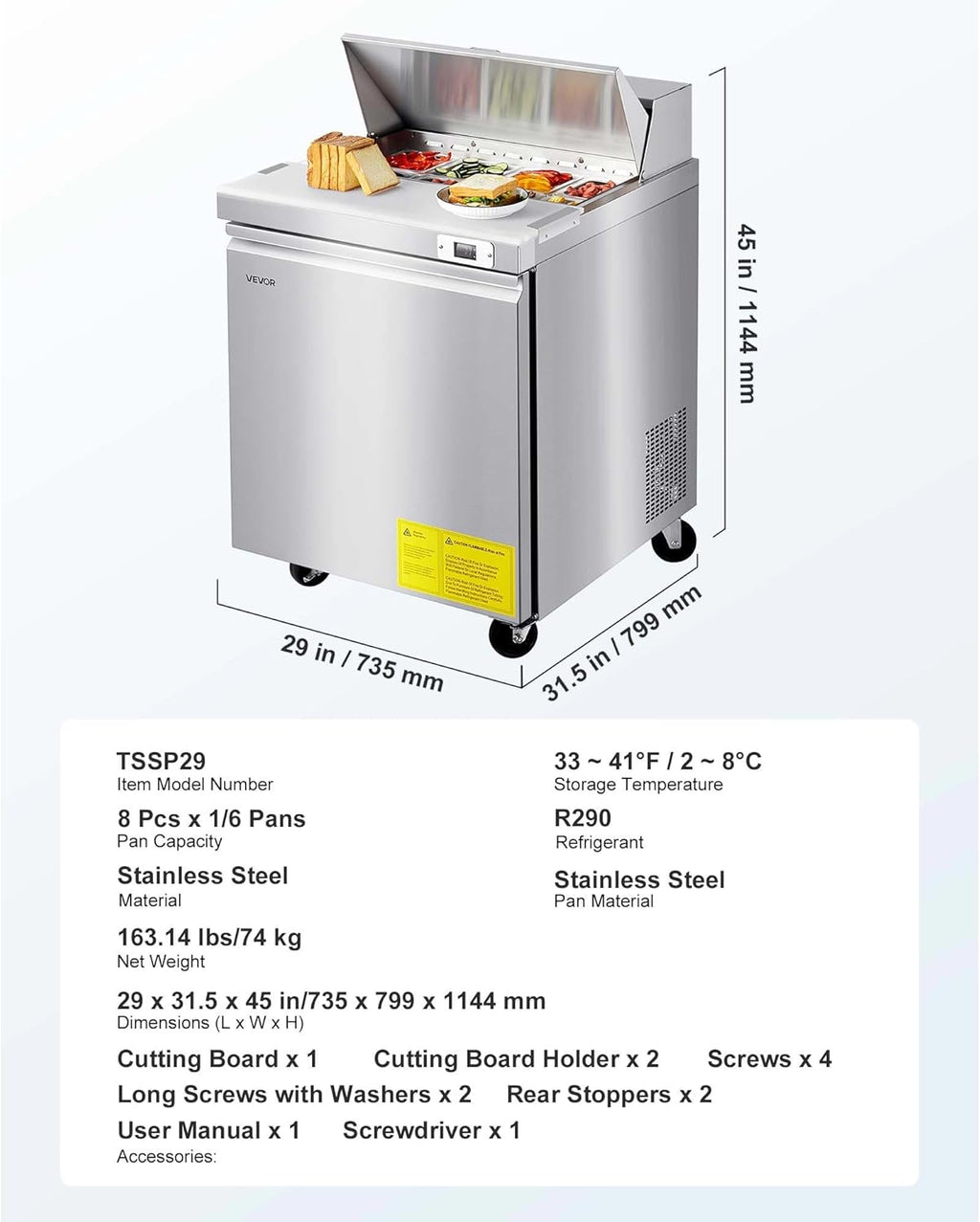 VEVOR Commercial Refrigerator, 28' W Sandwich/Salad Prep Refrigerated Table, Stainless Steel Food Prep Station Fridge with 8 Pan, for Restaurant, Bar, Shop, 7.1 Cu. Ft Refrigerator Single Door, Silver