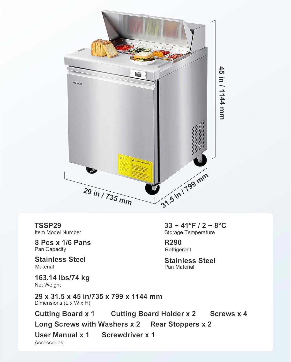 VEVOR Commercial Refrigerator, 28' W Sandwich/Salad Prep Refrigerated Table, Stainless Steel Food Prep Station Fridge with 8 Pan, for Restaurant, Bar, Shop, 7.1 Cu. Ft Refrigerator Single Door, Silver