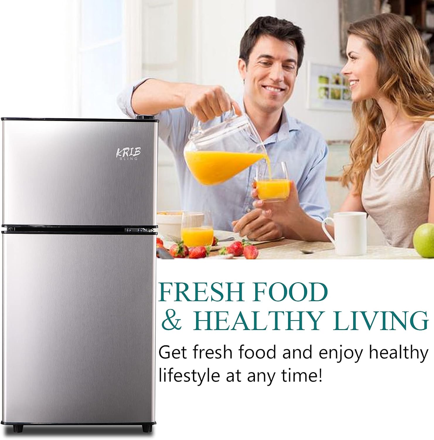 KRIB BLING 3.5 Cu.Ft Refrigerator with Freezer, 2 Doors Fridge with Adjustable Thermostat Control, Refrigerator for Kitchen, Dorm, Apartment, Garage, Office, Silver